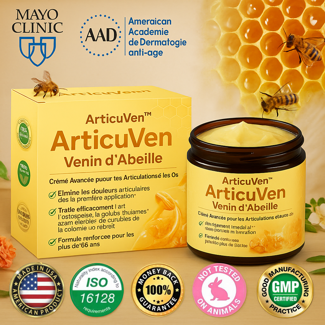 ArticuVen™ Crème Venin d’Abeille Articulations | Éliminez la douleur en 5 minutes, marchez sans souffrir en 3 jours!