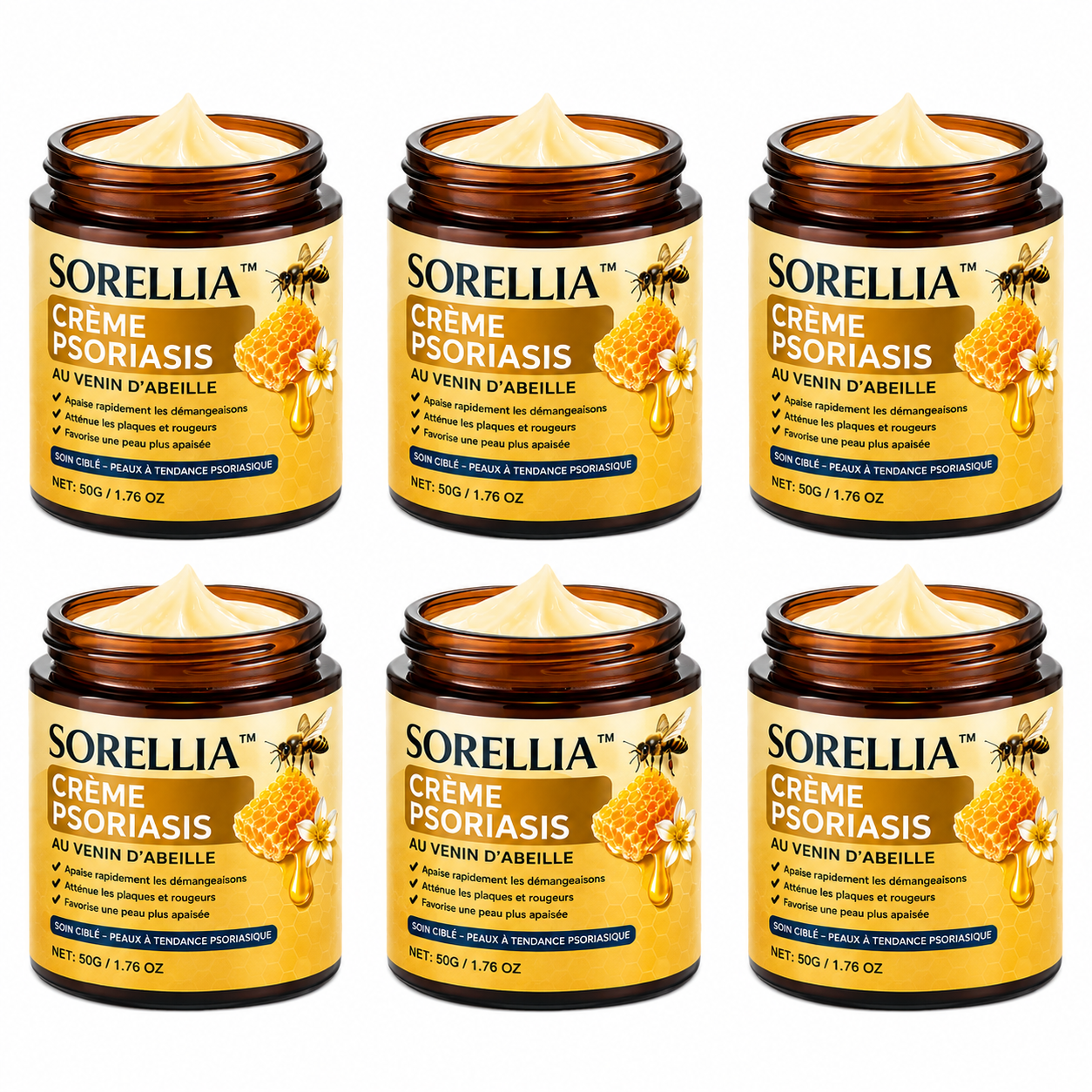Sorellia™ Crème Psoriasis au Venin d’Abeille | Éliminez plaques, démangeaisons et rougeurs en quelques minutes !