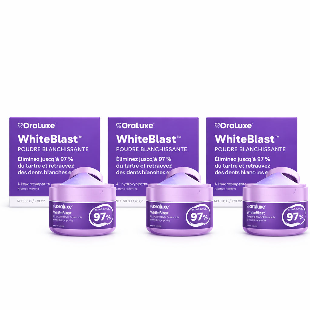WhiteBlast™ Poudre Blanchissante | Éliminez jusqu’à 97 % du tartre et retrouvez des dents blanches en 7 jours !