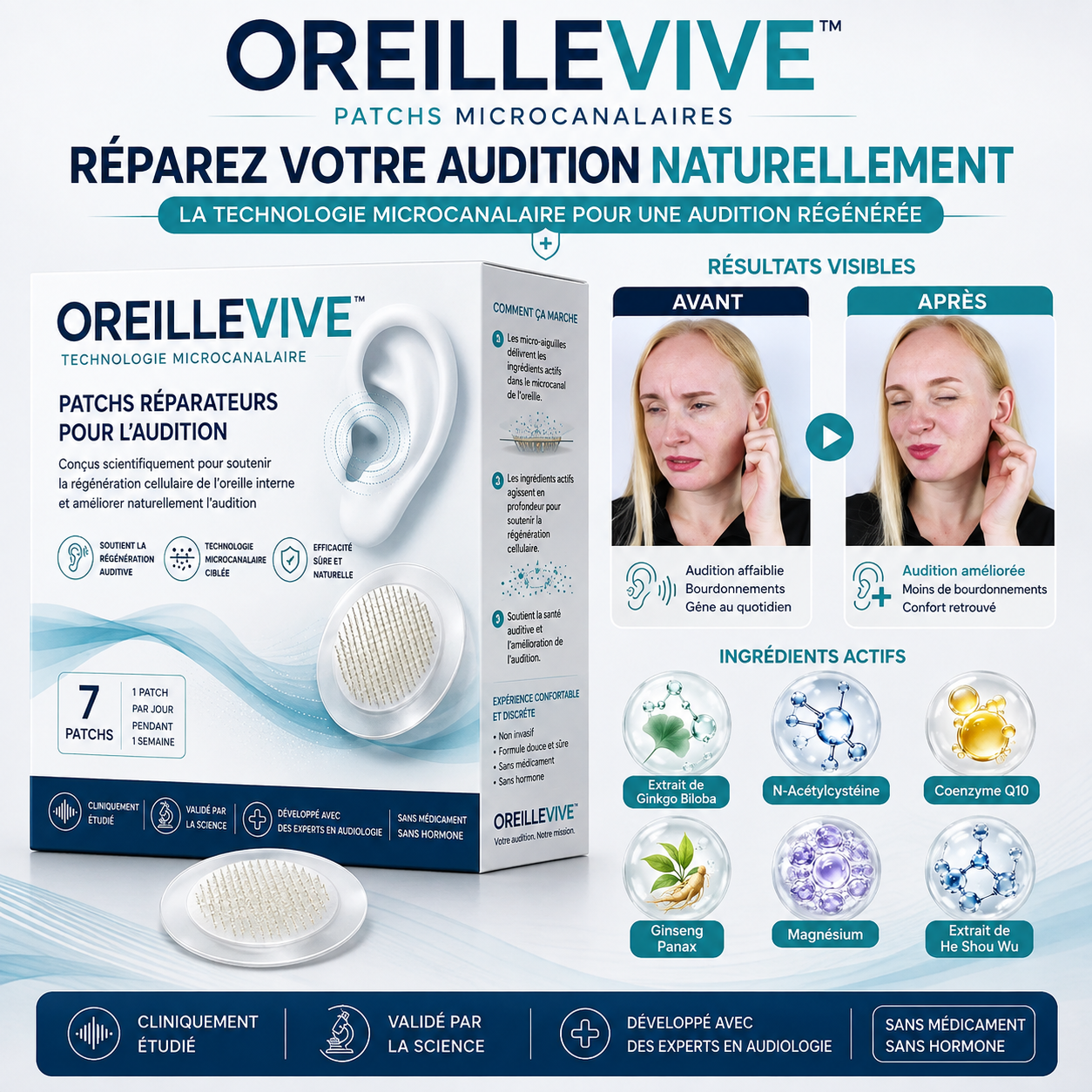 OreilleVive™ Patch Réparation Auditive | Retrouvez une audition plus claire et réduisez les bourdonnements en 2 à 4 semaines !