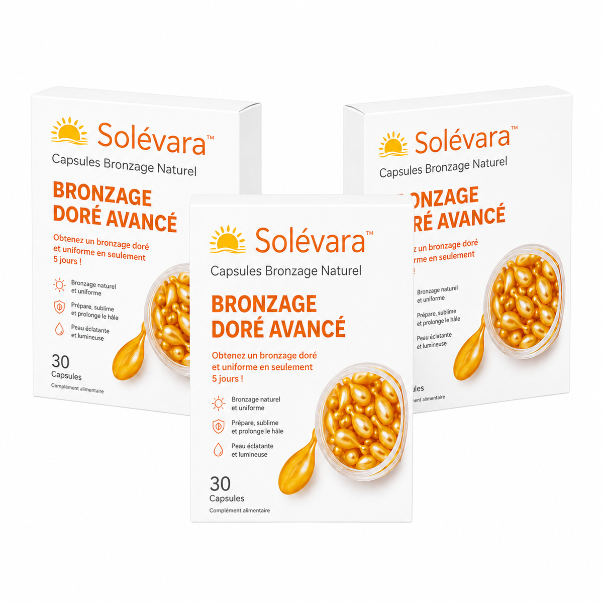 Solévara™ Capsules Bronzage Naturel | Obtenez un bronzage doré et uniforme en seulement 5 jours !