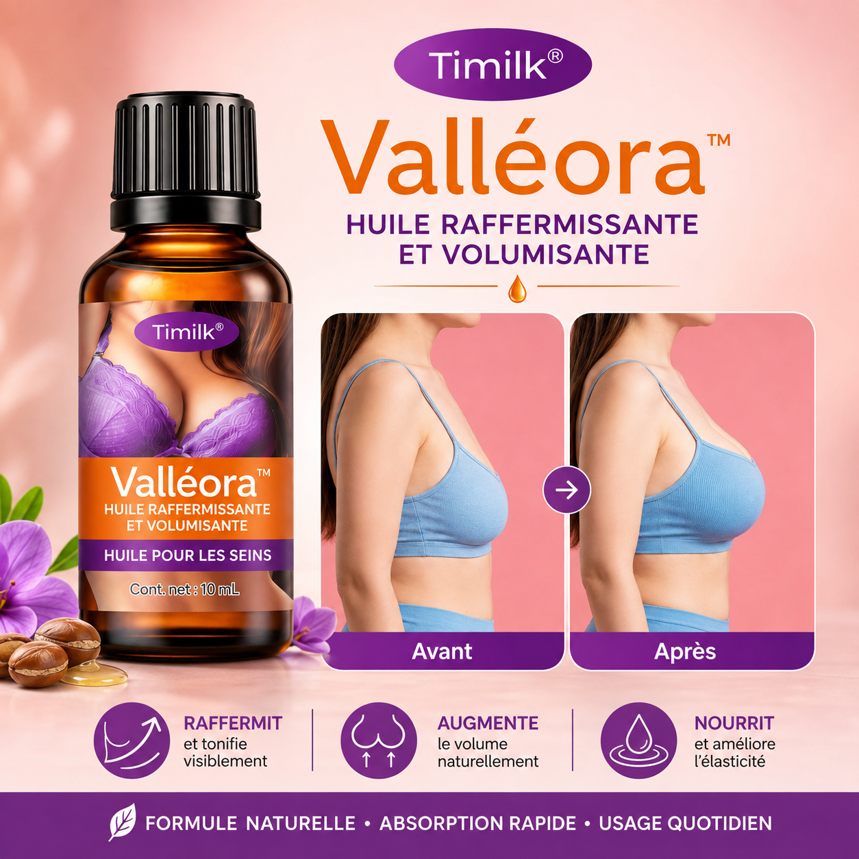 Valléora™ Huile Sculptante Buste | Galbez et redonnez du volume à votre poitrine en 10 minutes !