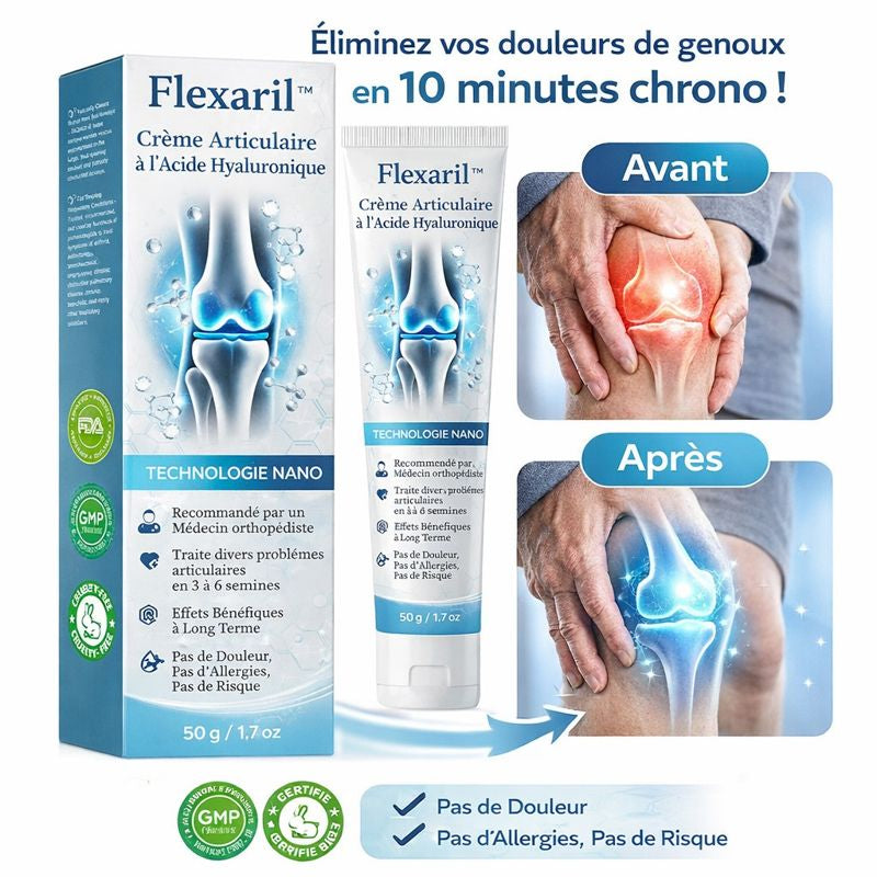 Flexaril™ Crème Articulaire à l’Acide Hyaluronique | Éliminez vos douleurs de genoux en 10 minutes chrono !