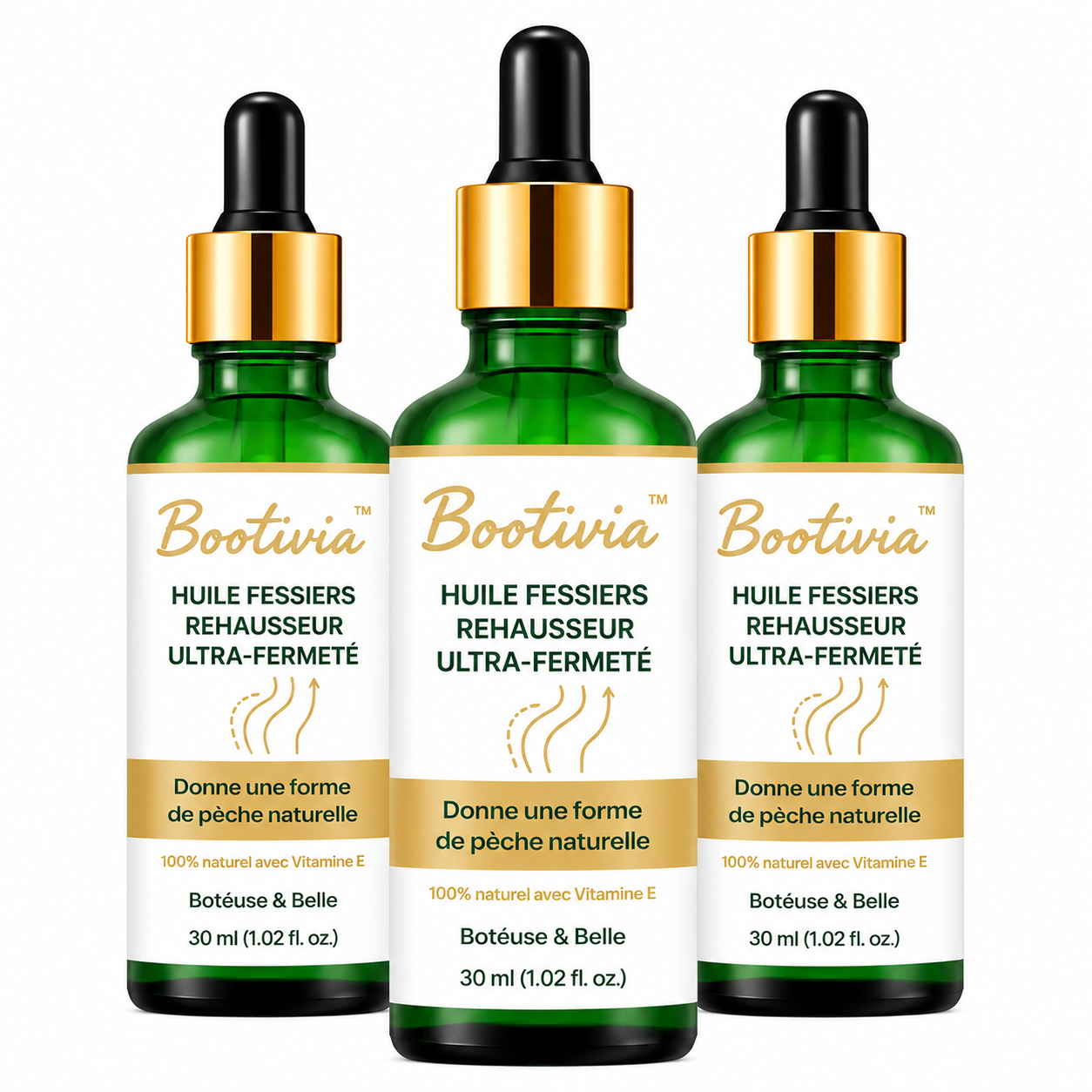 Bootivia™ Huile Fessiers Rehausseur Ultra-Fermeté | Obtenez un fessier galbé et bombé en 7 jours chrono!
