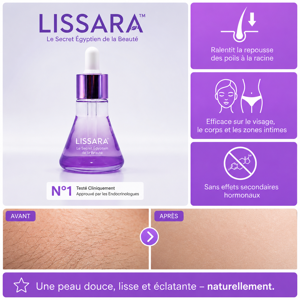 Lissara™ Sérum Anti-Repousse au Cyperus | Stoppez la repousse de vos poils à la racine dès la première semaine !