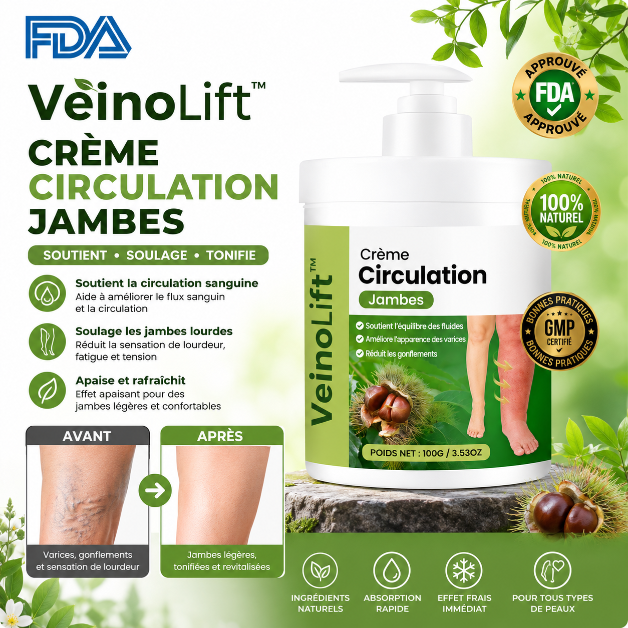 VeinoLift™ Crème Circulation Jambes | Dégonflez jambes lourdes, varices et chevilles en 48h!