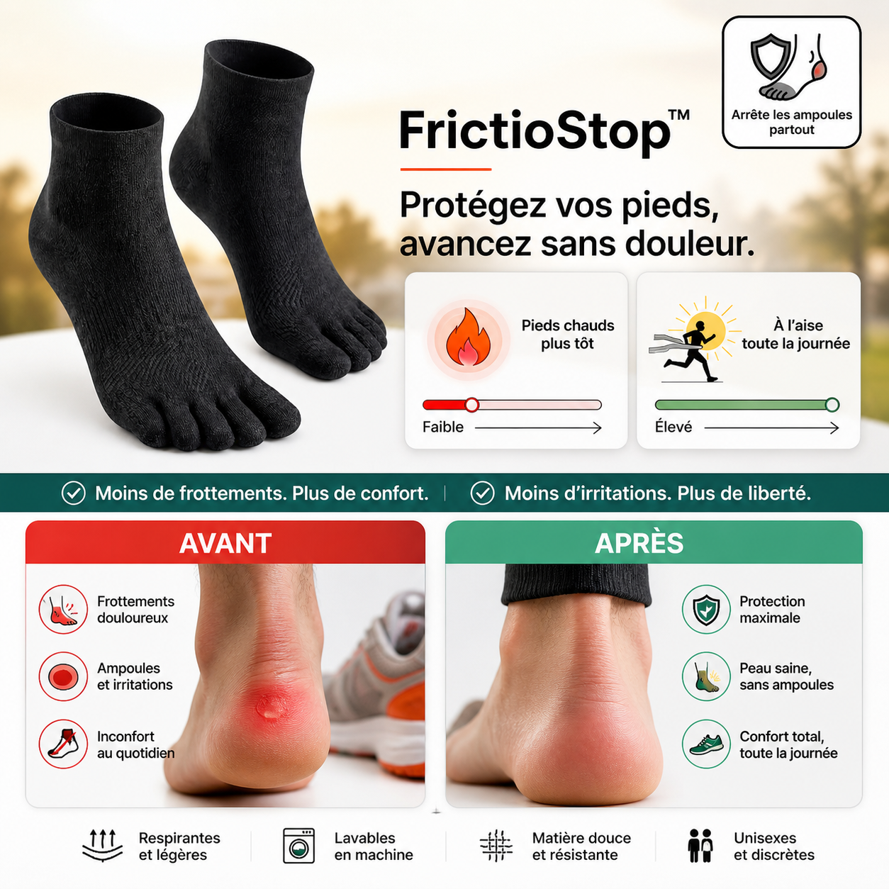 FrictioStop™ Chaussettes à Orteils Anti-Frottement | Courez des heures sans aucune ampoule ni échauffement dès votre première sortie !