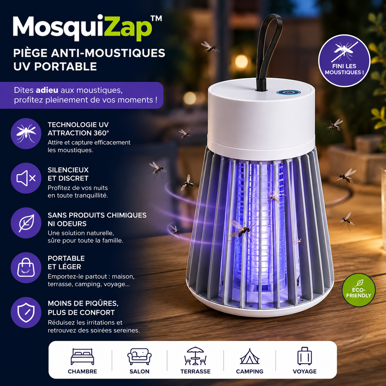 MosquiZap™ Piège Anti-Moustiques UV Portable | Éliminez les moustiques en quelques minutes, sans spray ni produits chimiques !