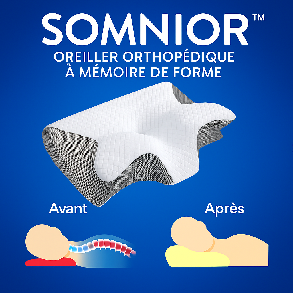 Somnior™ Oreiller Orthopédique à Mémoire de Forme | Endormez-vous 3x plus vite et dites adieu aux douleurs cervicales!