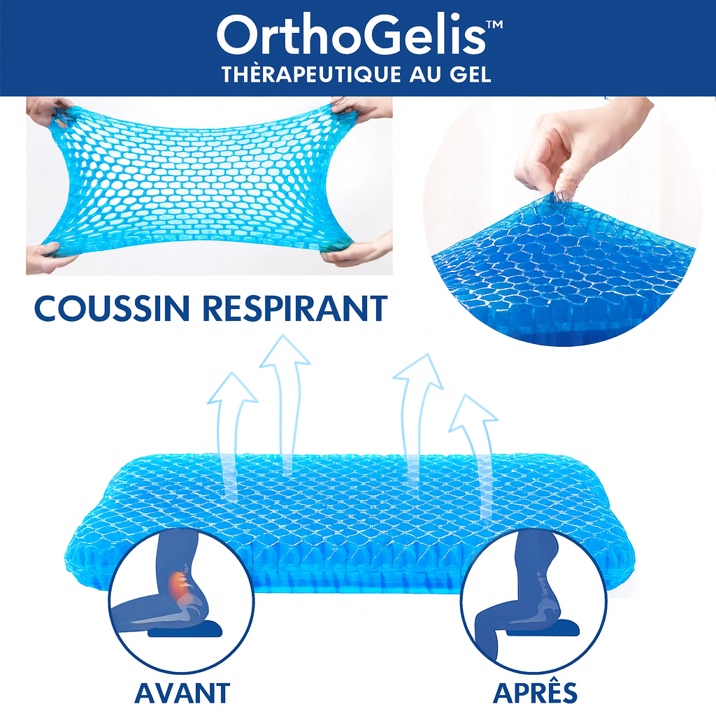OrthoGelis™ Coussin Thérapeutique au Gel | Supprime les Douleurs de Dos, de Coccyx et de Sciatique Même en Position Assise Prolongée!