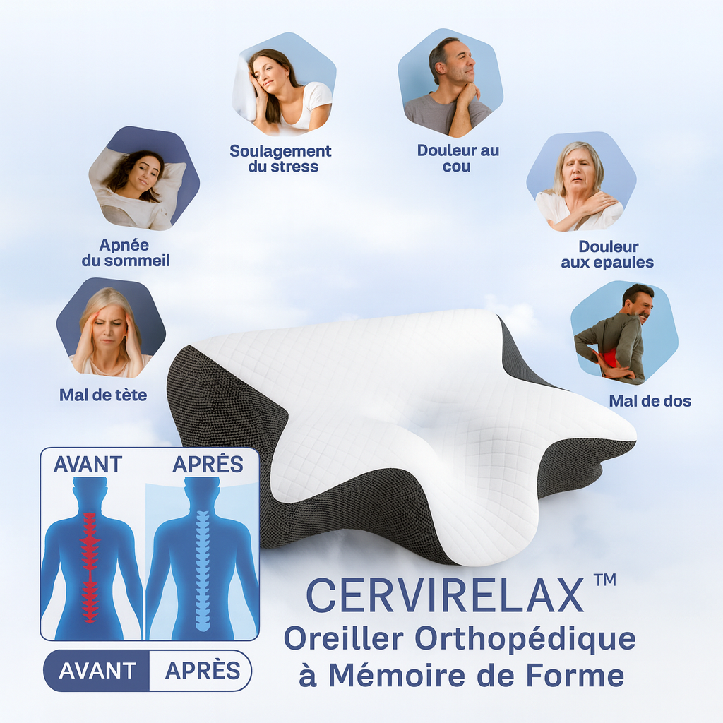 CerviRelax™ Oreiller Orthopédique à Mémoire de Forme | Soulage les douleurs cervicales dès la 1ère nuit!