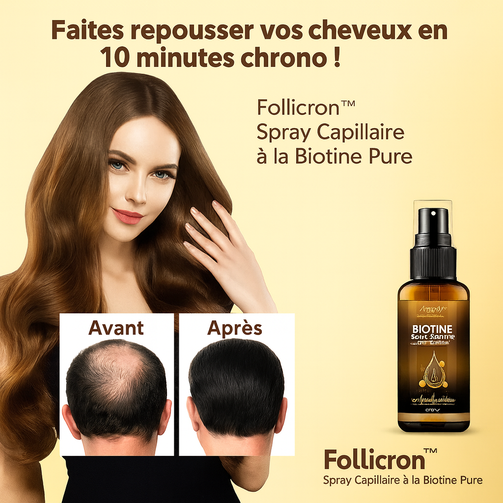 Follicron™ Spray Capillaire à la Biotine Pure | Faites repousser vos cheveux clairsemés en 10 minutes chrono!