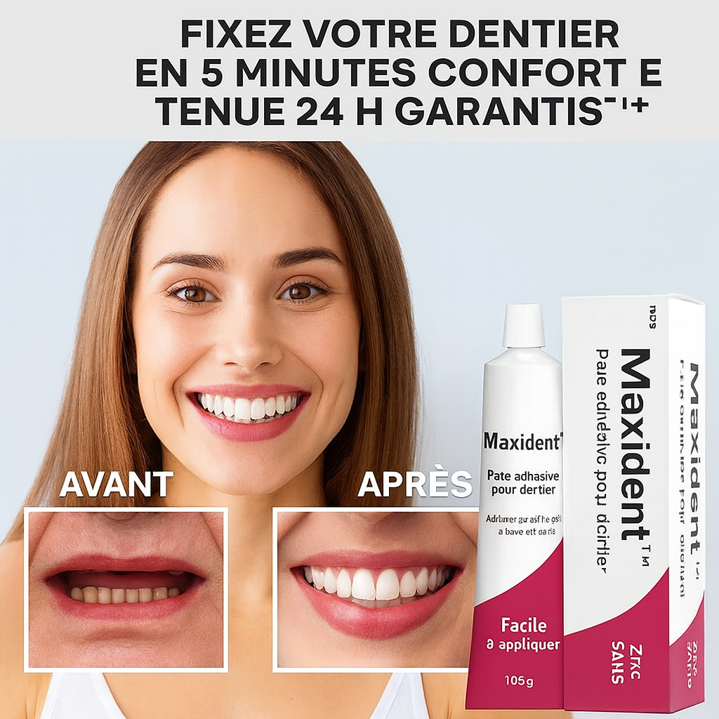 Maxident™ Pâte Adhésive au Zinc Fixateur | Fixez votre dentier en 5 minutes, confort et tenue 24h garantis!