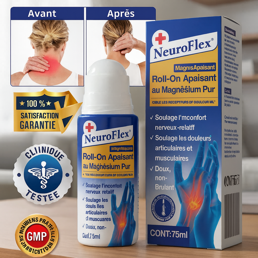 NeuroFlex™ Roll-On Apaisant au Magnésium Pur | Stoppe douleurs nerveuses et fourmillements en 5 minutes!
