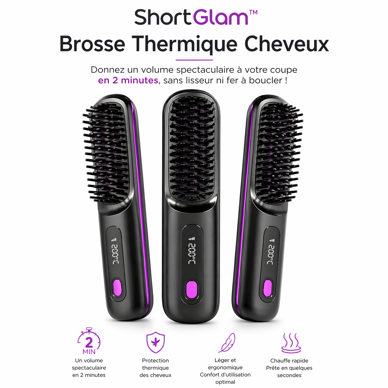 ShortGlam™ Brosse Thermique Cheveux | Donnez un volume spectaculaire à votre coupe en 2 minutes, sans lisseur ni fer à boucler !