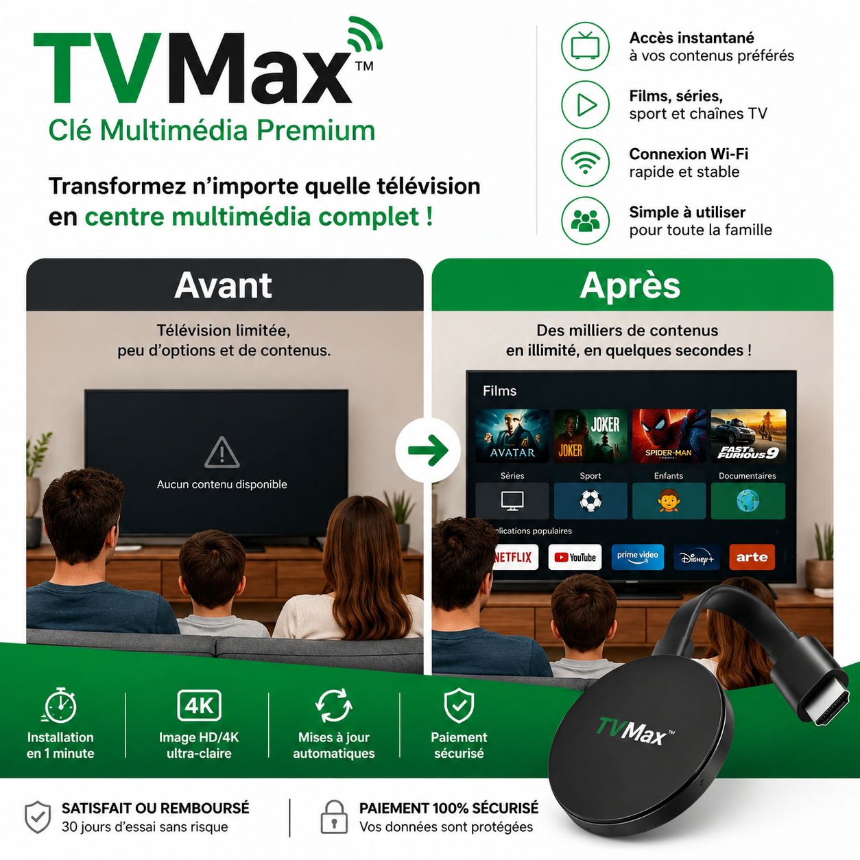 TVMax™ Clé Multimédia Premium | Accédez instantanément à la TV, aux films et au sport en illimité !