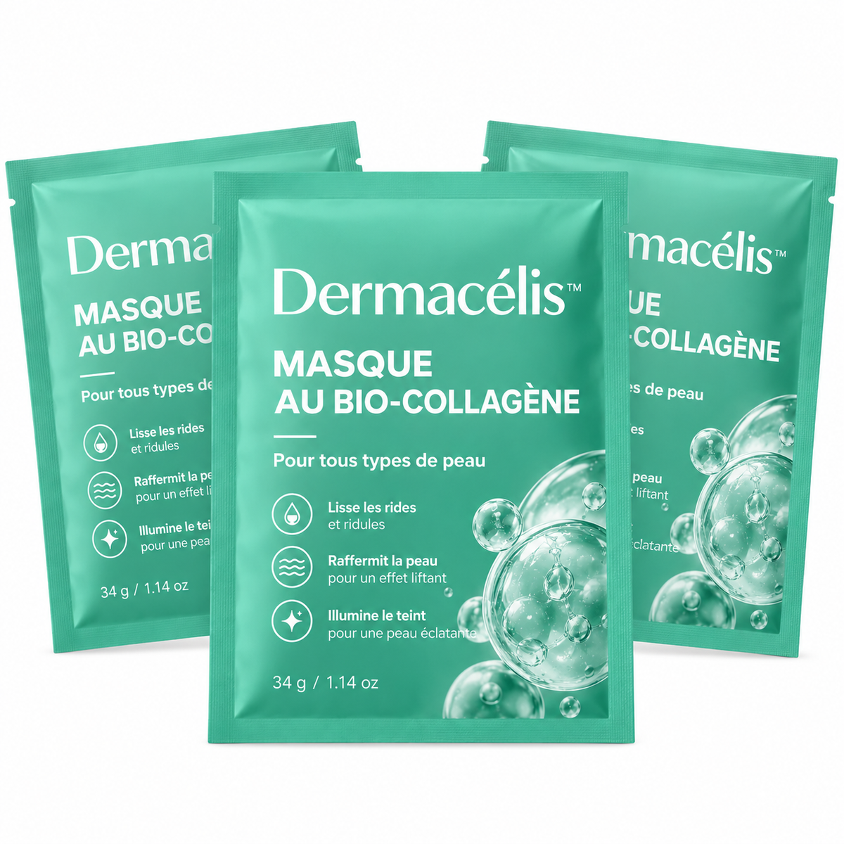 Dermacélis™ Masque au Bio-Collagène | Lisse rides et ridules pour une peau ferme et éclatante dès la 1ʳᵉ application!