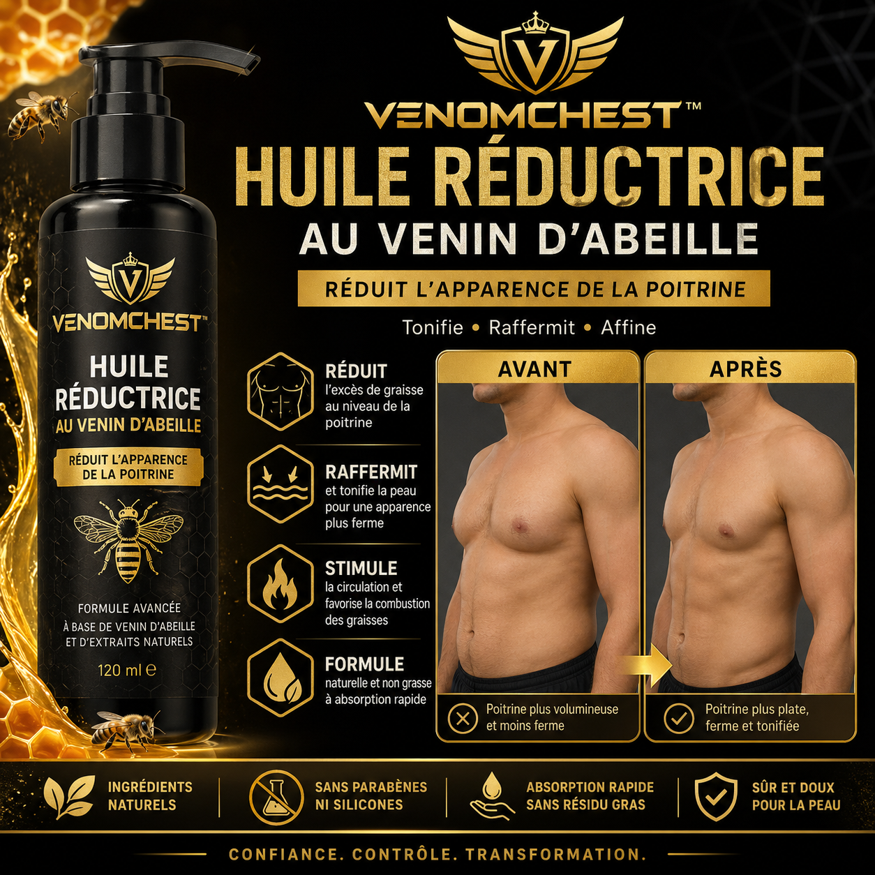 VenomChest™ Huile Réductrice au Venin d’Abeille | Élimine les seins masculins en 7 jours chrono !