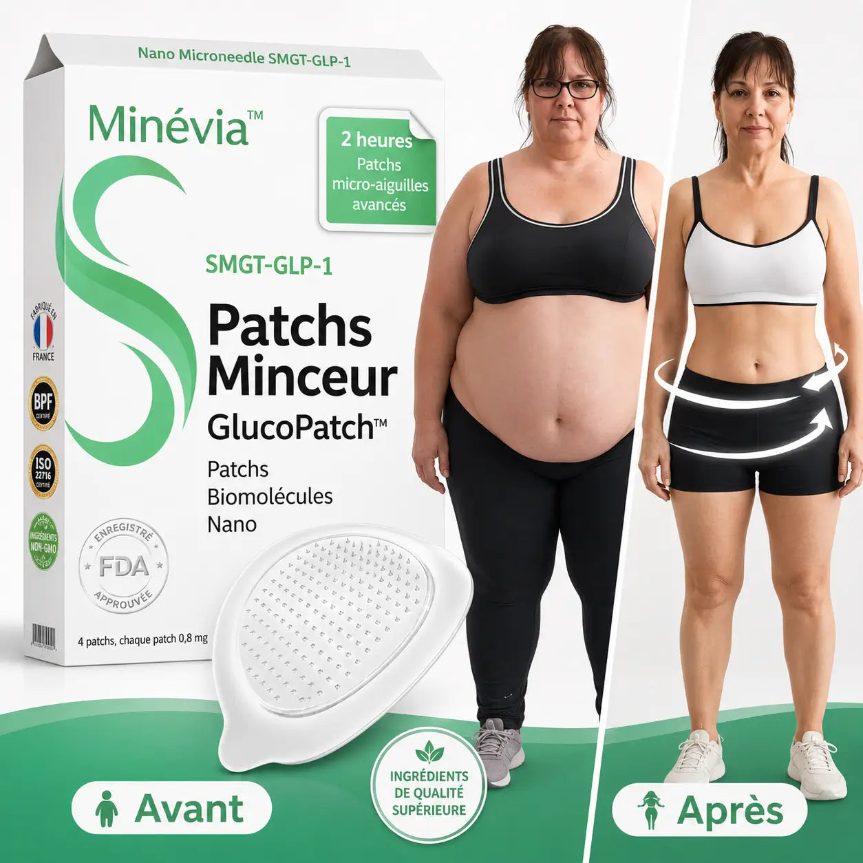 Minévia™ Patchs Minceur Nano Microneedle SMGT-GLP-1 | Élimine les toxines et fait perdre du poids en 10 minutes !