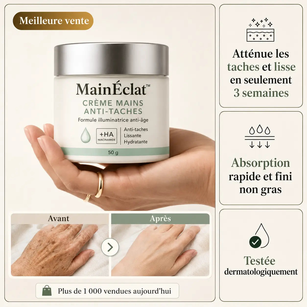 MainÉclat™ Crème Mains Anti-Taches | Arrêtez de cacher vos mains : des taches estompées et une peau visiblement plus ferme dès les 3 premières semaines !