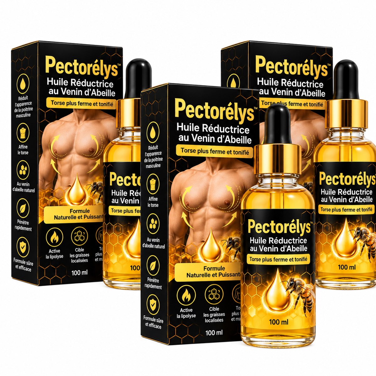 Pectorélys™ Huile Réductrice au Venin d’Abeille | Élimine les seins masculins en 7 jours chrono!
