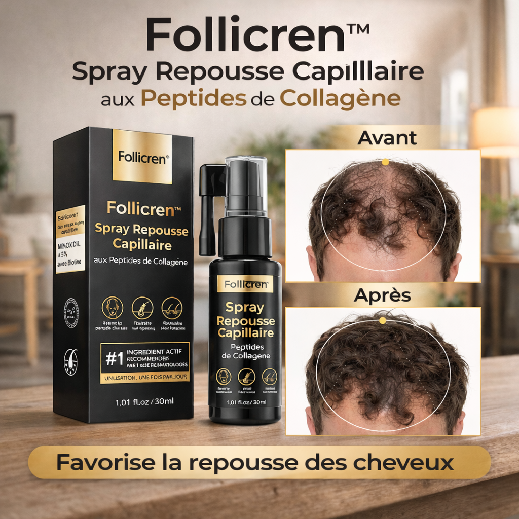 Follicren™ Spray Repousse Capillaire aux Peptides de Collagène | Relancez la pousse des cheveux et épaississez votre chevelure en 3 minutes !