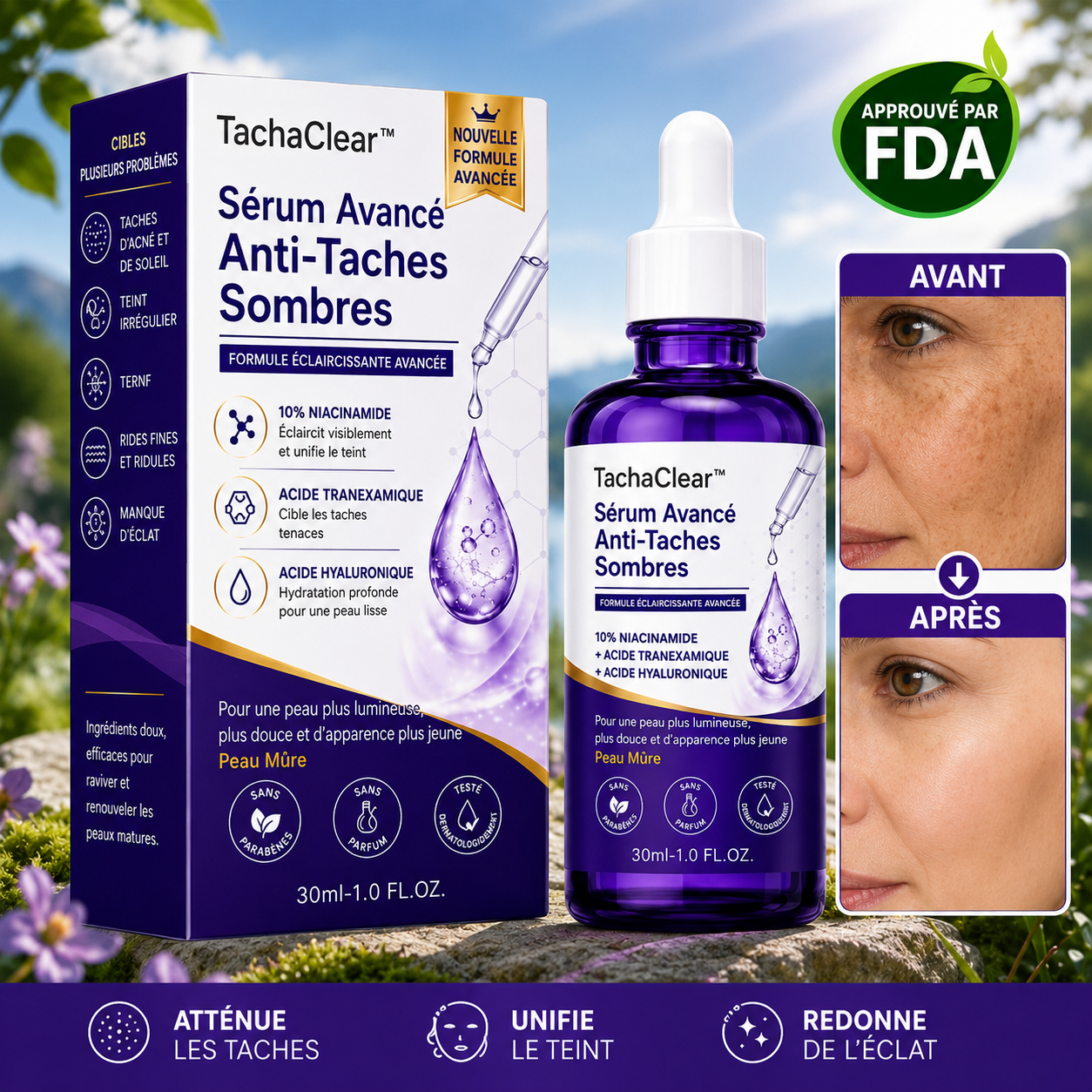 TachaClear™ Sérum Anti-Taches Brunes | Effacez les taches foncées et retrouvez un teint plus clair en quelques semaines !
