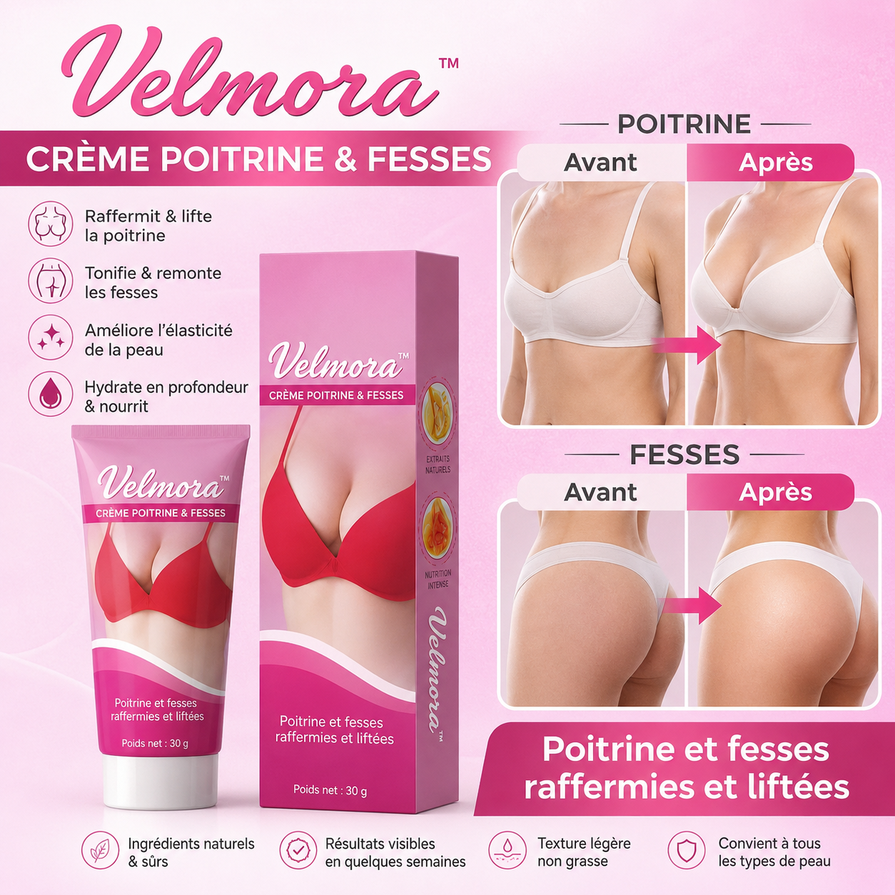 Velmora™ Crème Poitrine & Fesses | Augmente visiblement vos formes en quelques minutes !