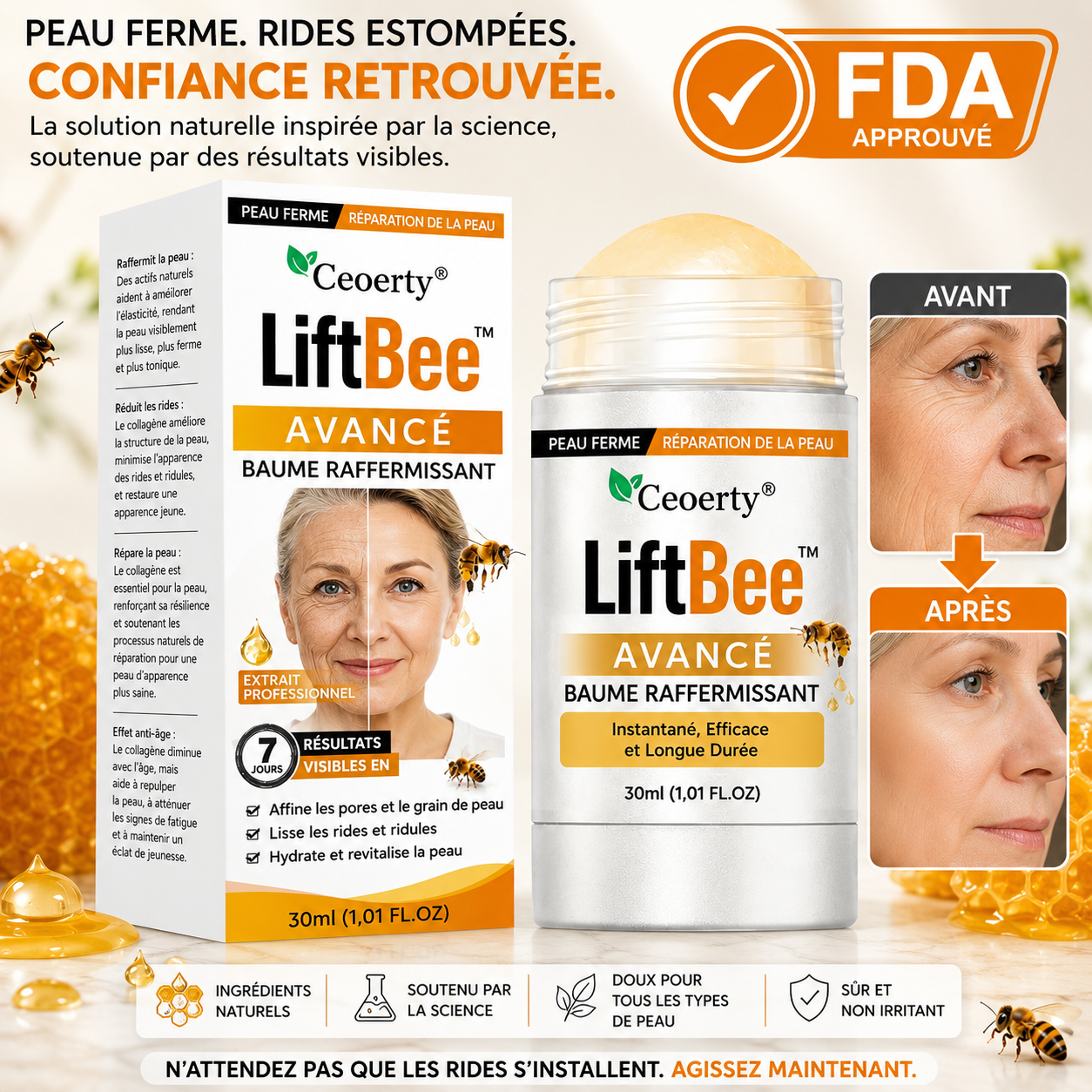 LiftBee™ Stick Raffermissant au Venin d’Abeille | Retendez la peau fripée et lissez les rides sans Botox ni aiguilles !