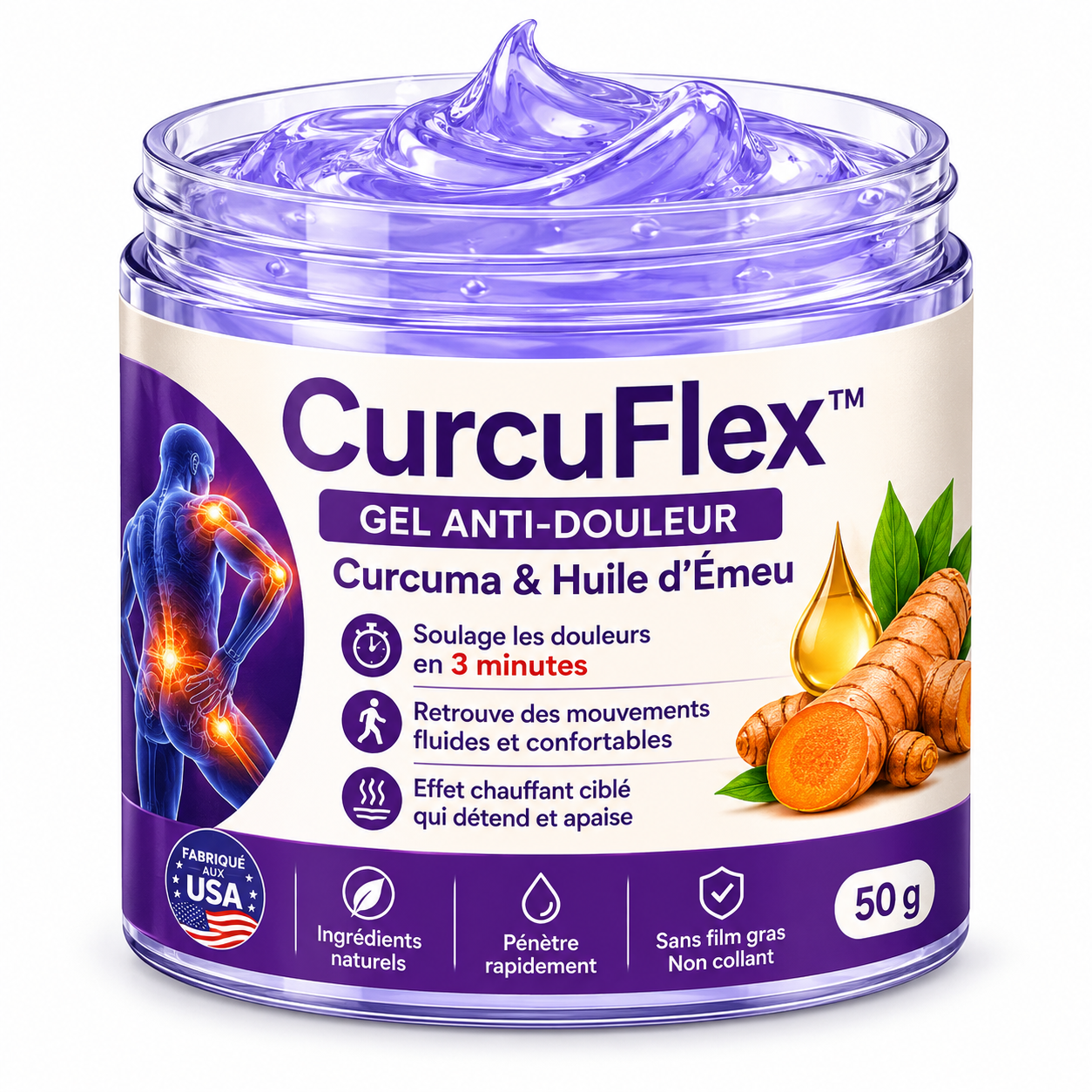 CurcuFlex™ Gel Anti-Douleur Curcuma & Huile d’Émeu | Soulage vos articulations en 3 minutes !