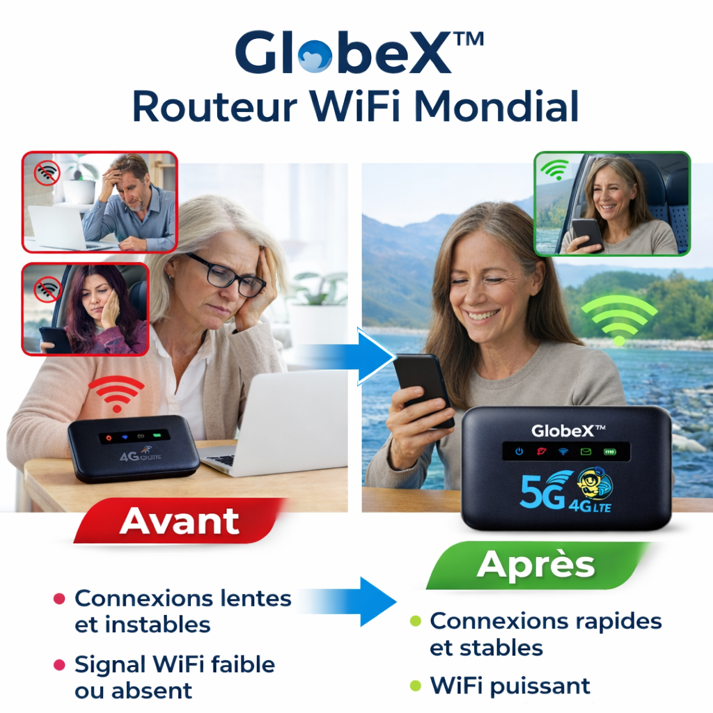 GlobeX™ Routeur WiFi Mondial | Internet 4G/5G dans 196 pays en 5 secondes chrono, sans surcoût !