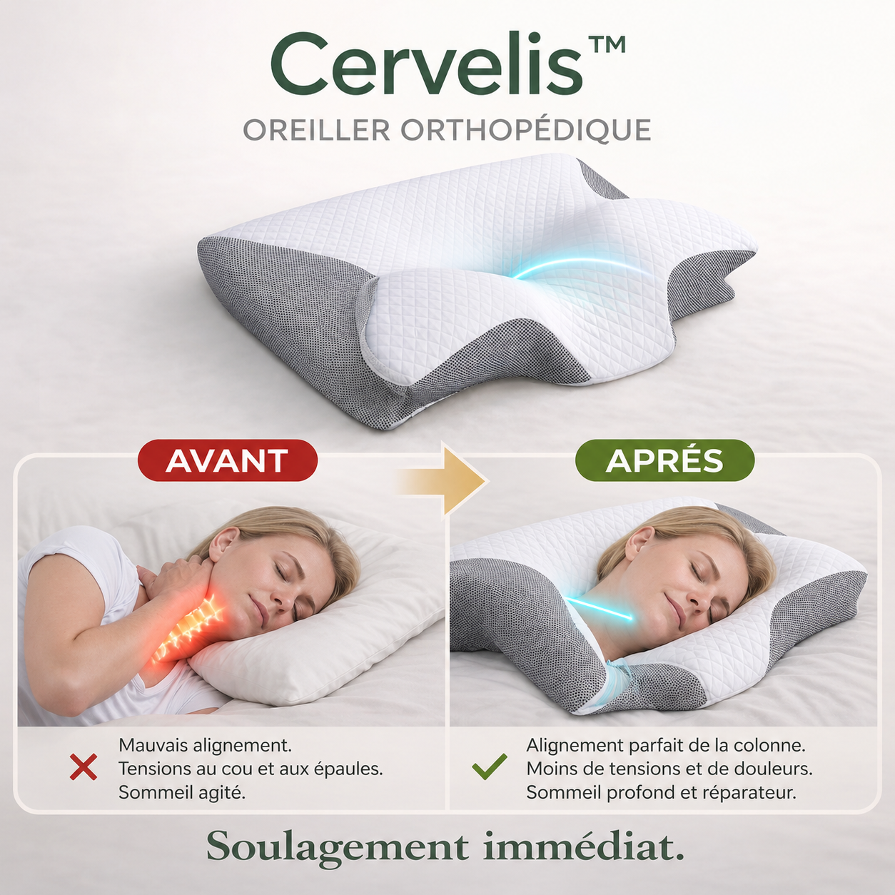 Cervelis™ Oreiller Orthopédique | Soulage vos douleurs cervicales et réduit les ronflements dès la première nuit !