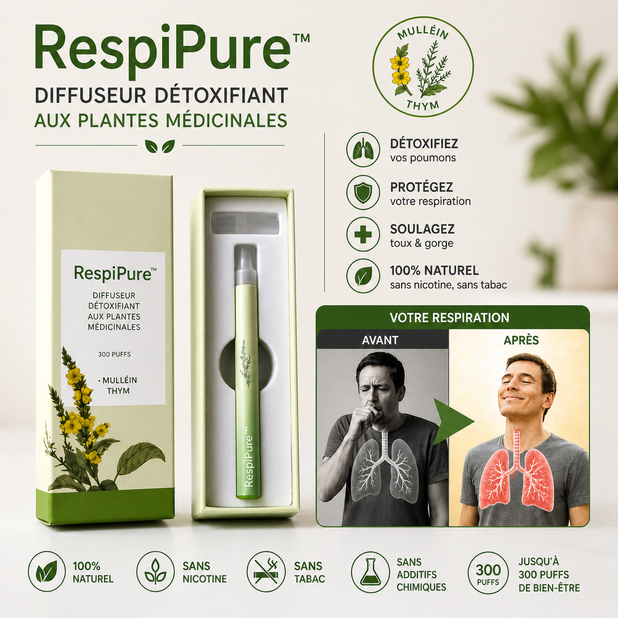 RespiPure™ Diffuseur Détoxifiant aux Plantes Médicinales | Débouche les poumons et élimine 90 % du mucus en 5 minutes!