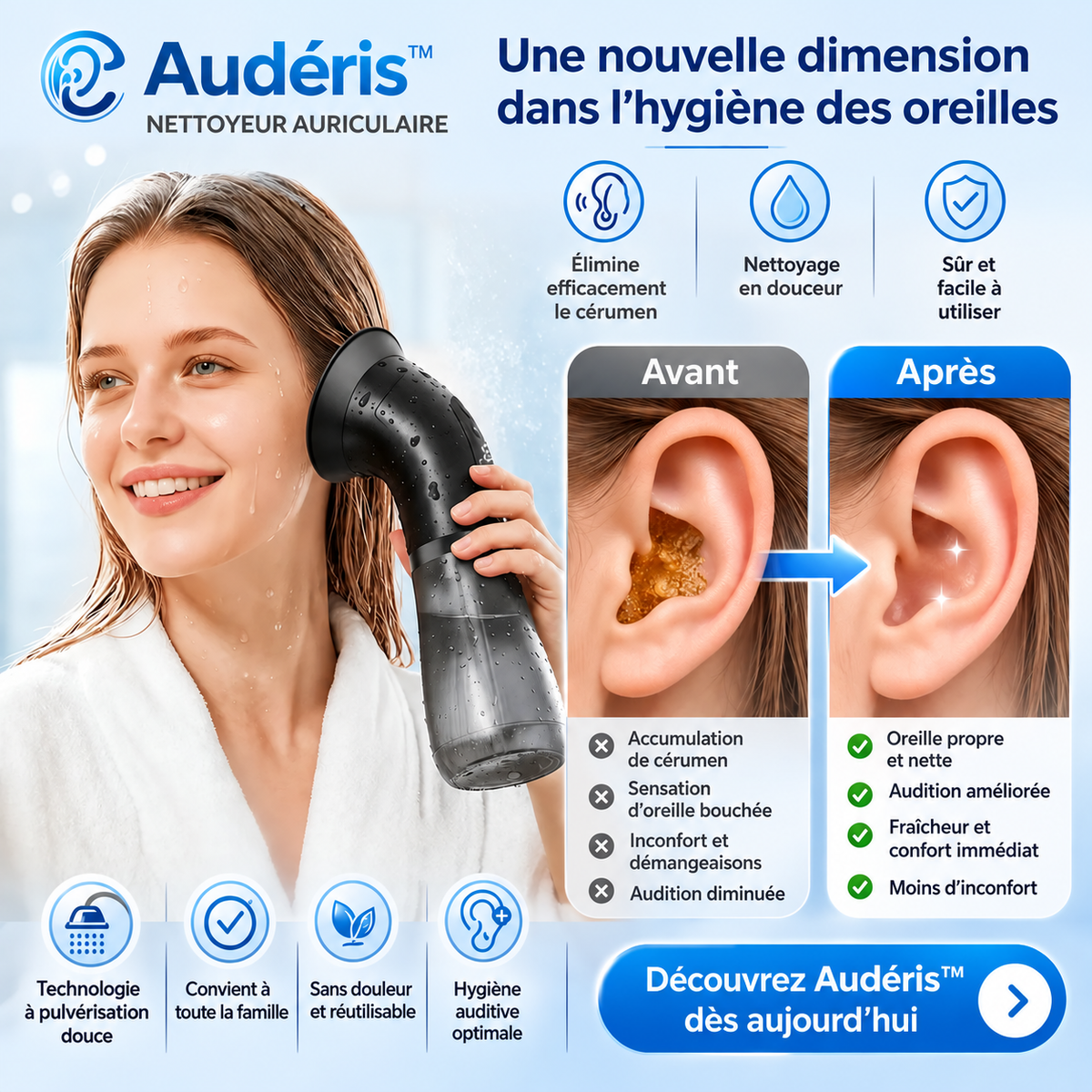 Audéris™ Nettoyeur Auriculaire | Éliminez le cérumen en profondeur en quelques minutes et retrouvez une audition claire !