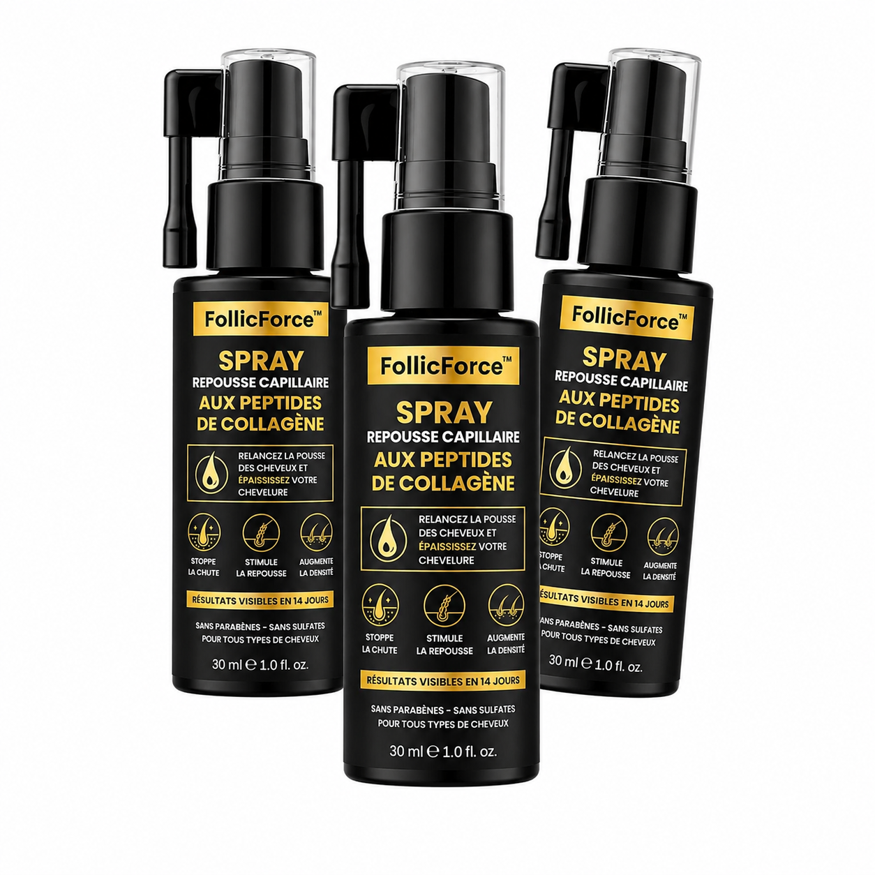FollicForce™ Spray Repousse Capillaire aux Peptides de Collagène | Relancez la pousse des cheveux et épaississez votre chevelure en 3 minutes !