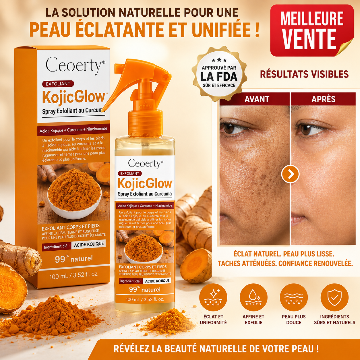 KojicGlow™ Spray Éclaircissant Curcuma & Acide Kojique | Éclaircissez les zones sombres et révélez une peau plus lisse en 7 jours !