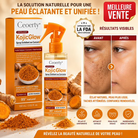 KojicGlow™ Spray Éclaircissant Curcuma & Acide Kojique | Éclaircissez les zones sombres et révélez une peau plus lisse en 7 jours !