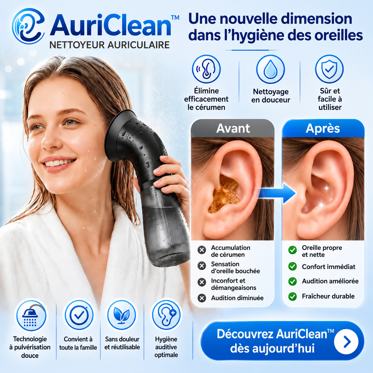 AuriClean™ Nettoyeur Auriculaire | Éliminez le cérumen en profondeur en quelques minutes et retrouvez une audition claire !