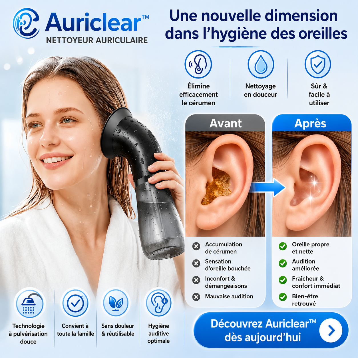 Auriclear™ Nettoyeur Auriculaire | Éliminez le cérumen en profondeur en quelques minutes et retrouvez une audition claire !