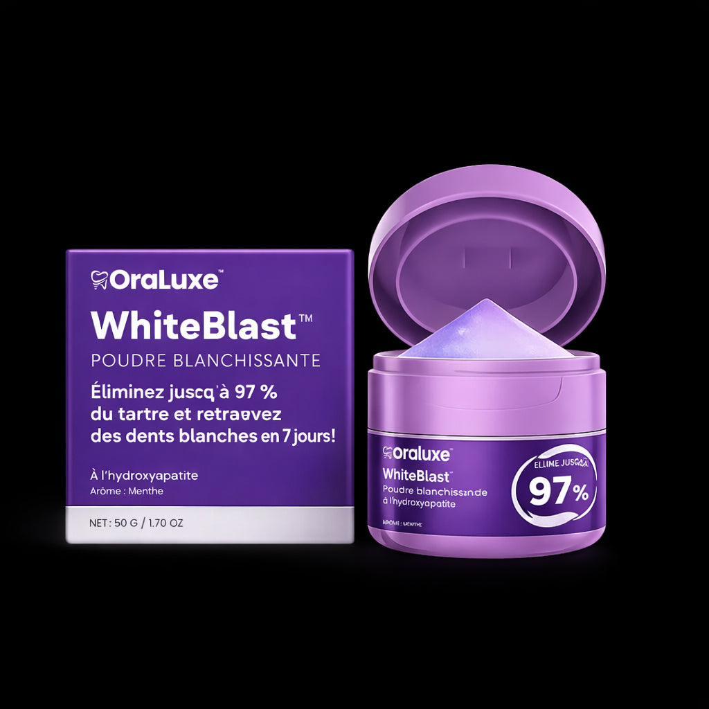 WhiteBlast™ Poudre Blanchissante | Éliminez jusqu’à 97 % du tartre et retrouvez des dents blanches en 7 jours !