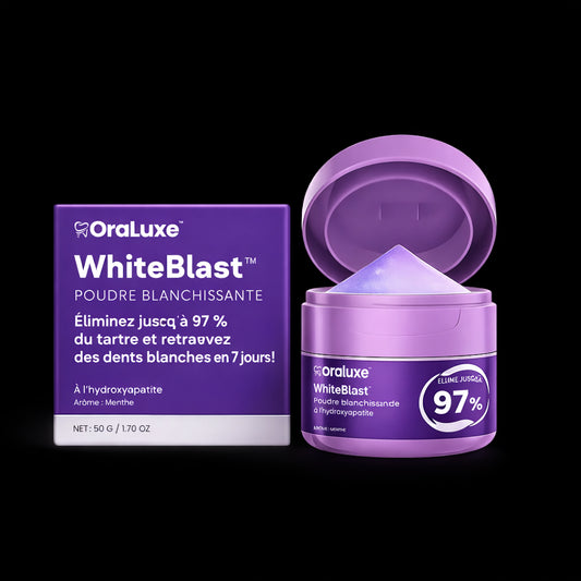 WhiteBlast™ Poudre Blanchissante | Éliminez jusqu’à 97 % du tartre et retrouvez des dents blanches en 7 jours !