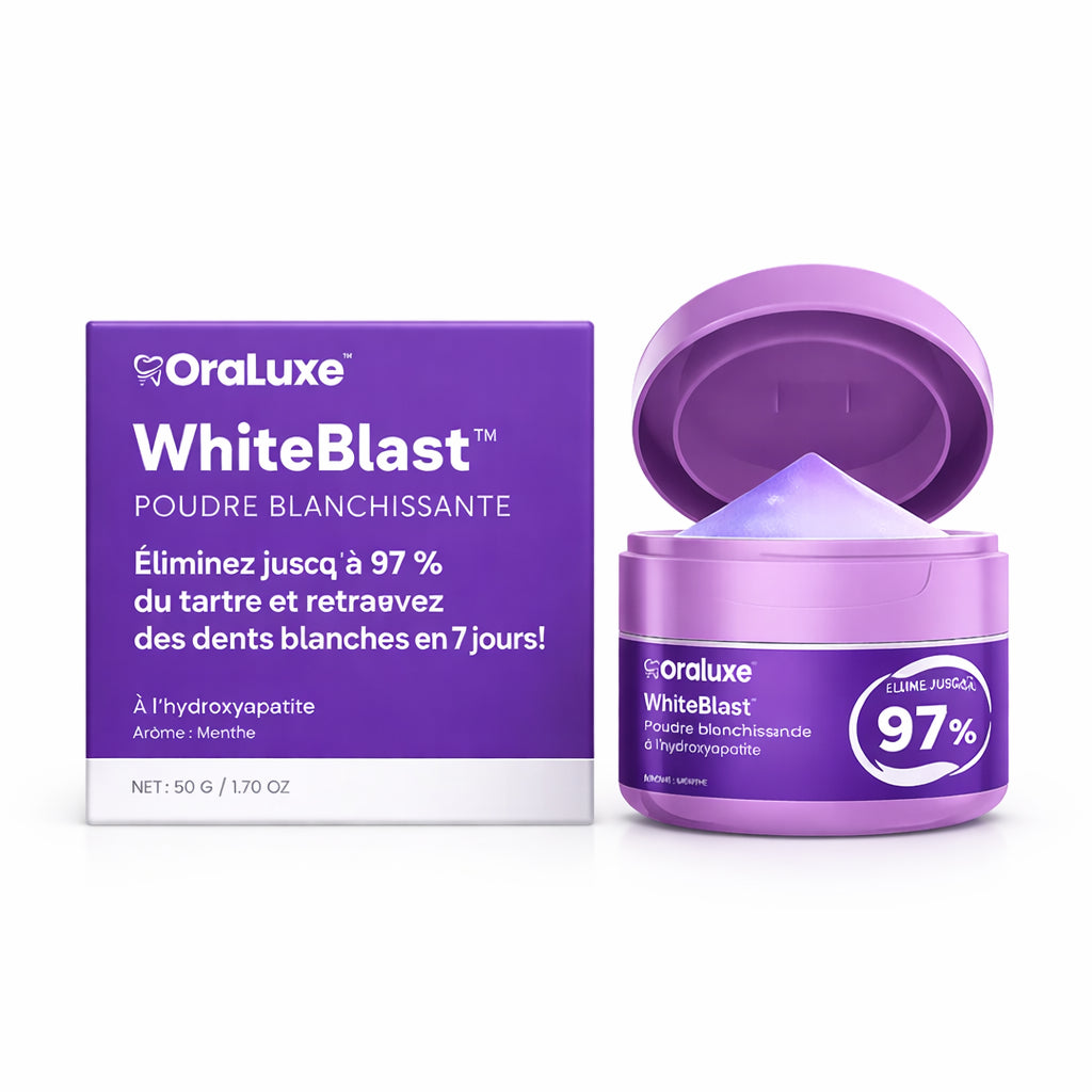 WhiteBlast™ Poudre Blanchissante | Éliminez jusqu’à 97 % du tartre et retrouvez des dents blanches en 7 jours !