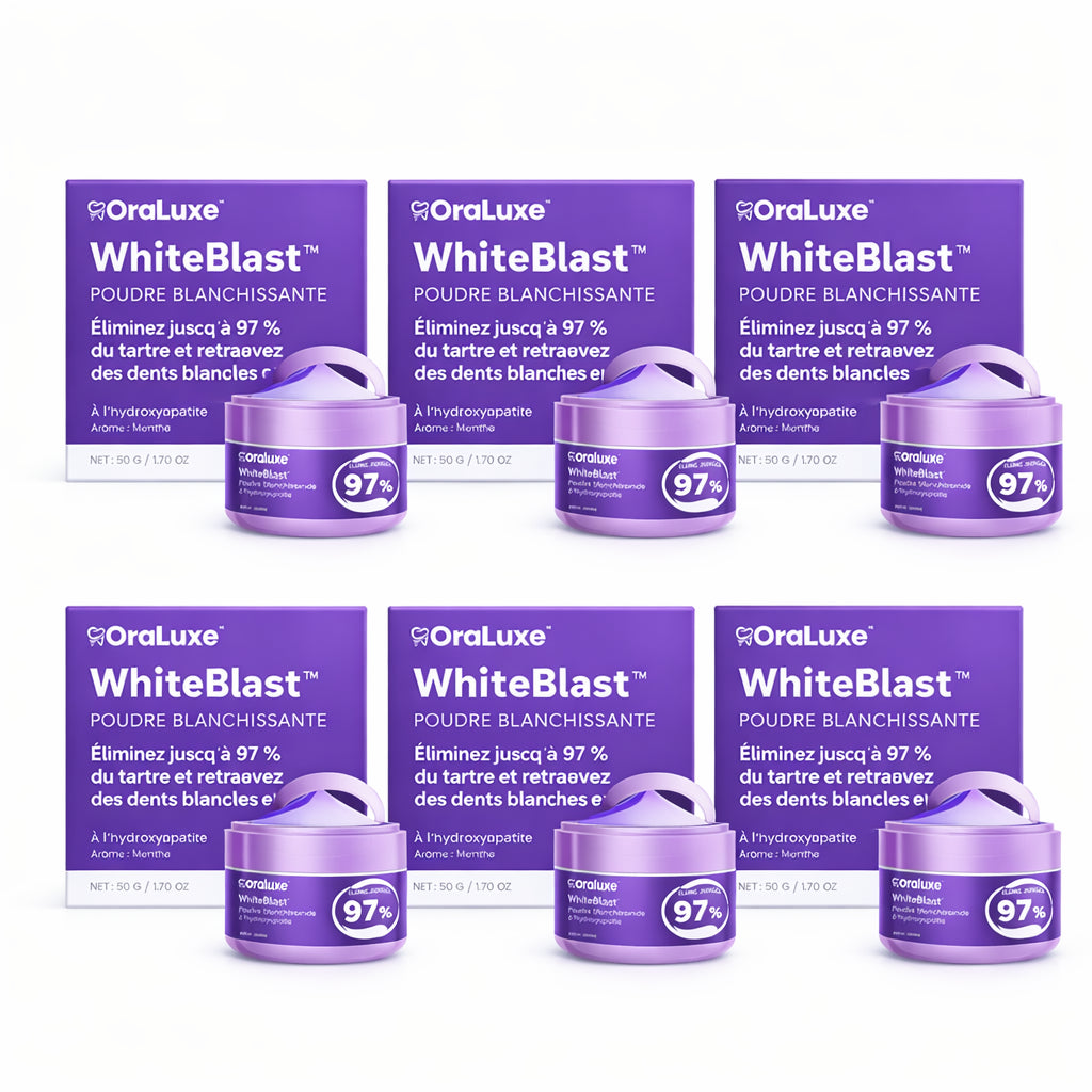 WhiteBlast™ Poudre Blanchissante | Éliminez jusqu’à 97 % du tartre et retrouvez des dents blanches en 7 jours !