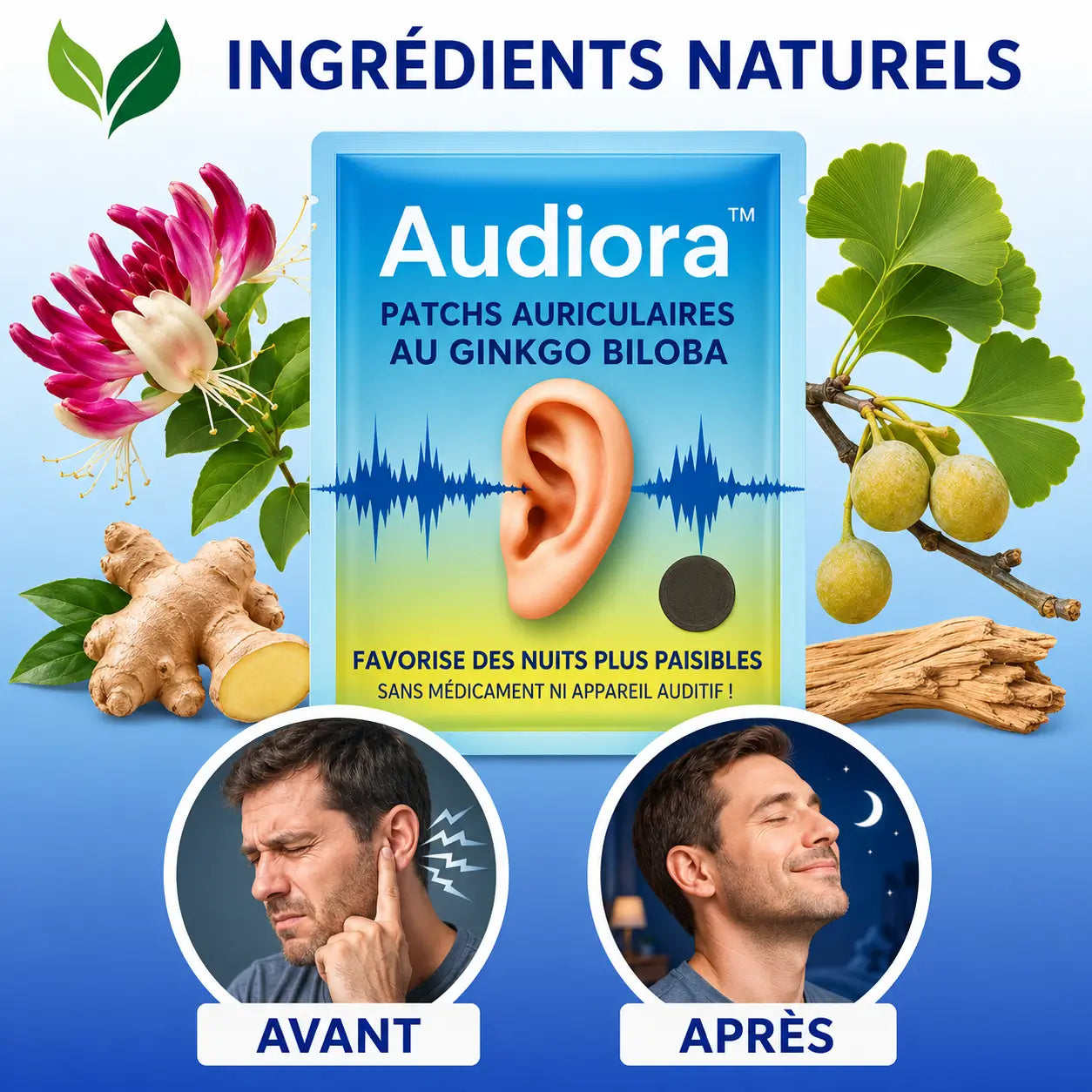 Audiora™ Patchs Auriculaires au Ginkgo Biloba | Élimine les acouphènes en 7 heures – sans médicament ni appareil auditif!