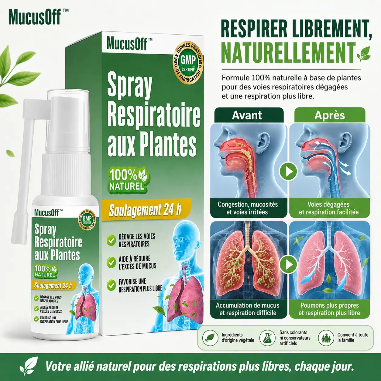 MucusOff™ Spray Respiratoire aux Plantes | Fluidifiez les sécrétions et libérez votre respiration en quelques pulvérisations !