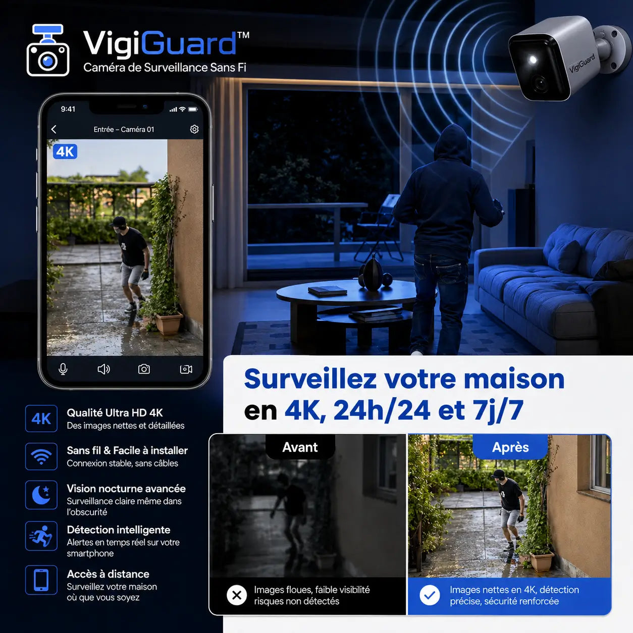 VigiGuard™ Caméra de Surveillance Sans Fi | Voyez tout en 4K et sachez ce qui se passe chez vous, 24h/24 !