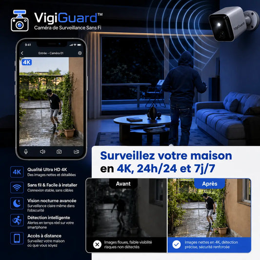 VigiGuard™ Caméra de Surveillance Sans Fi | Voyez tout en 4K et sachez ce qui se passe chez vous, 24h/24 !