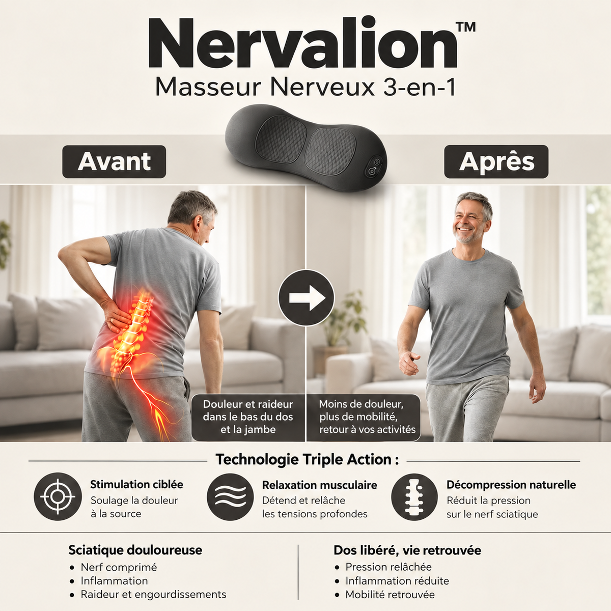 Nervalion™ Masseur Sciatique 3-en-1 | Stoppez la sciatique et libérez votre dos en 5 minutes par jour !