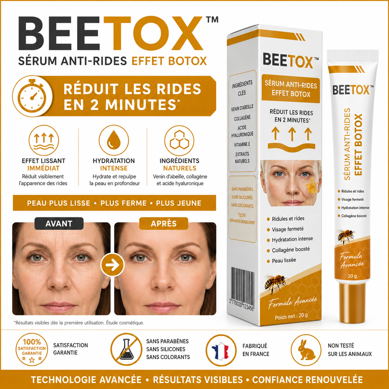 BeeTox™ Sérum Anti-Rides au Venin d’Abeille | Lissez rides, poches et pattes d’oie en 2 minutes par jour, sans injections !