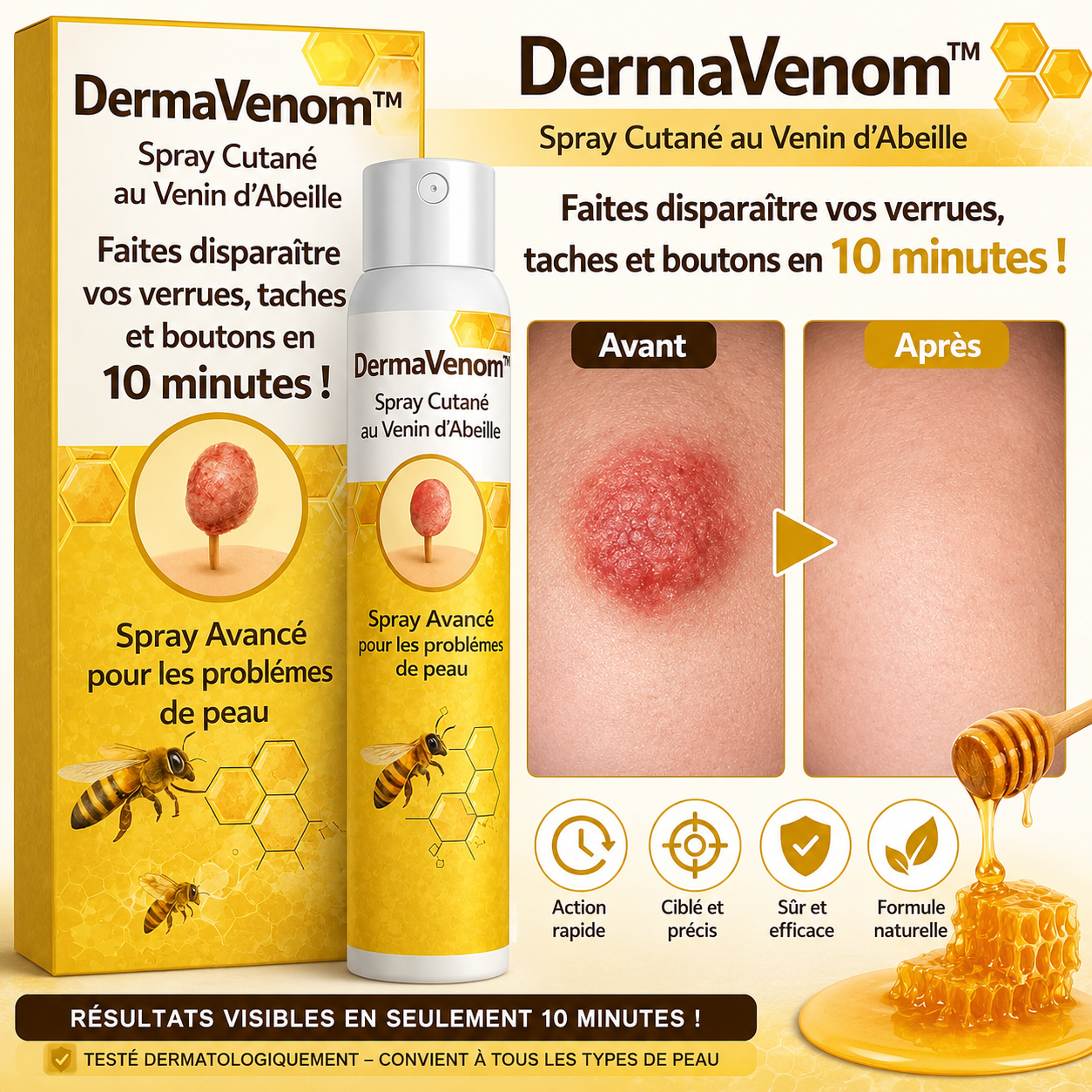 Mellivane™ Spray Cutané au Venin d’Abeille | Éliminez verrues, taches et boutons en 10 minutes !